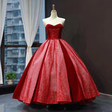 Red A Line Strapless Appliques Sequin Tulle Prom Dresses HZ1023
