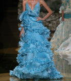 Gorgeous A Line Spaghetti Strap Beaded Tiered Blue Chiffon Long Prom Dress Evening Dress HZ1023