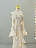 Elegant Sheath Long Sleeve Ivory Chiffon Ruffle Sequin Prom Dress Graduation Prom Dress HZ1023