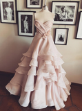 Gentle A Line Sweetheart Neck Flower Tiered Pink Tulle Long Party Dress Evening Dress HZ1023