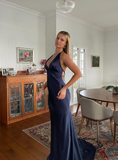 Navy Blue Sheath V Neck Satin Open Back Long Sweep Prom Dress Graduation Prom Dress HZ1023