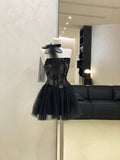 Black Sexy A Line Strapless Lace Tulle Short Homecoming Dress Cocktail Dress HZ1023