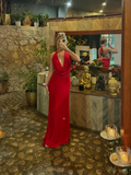 Sexy A Line Halter Red Satin Open Back Long Prom Dress Evening Dress HZ1023