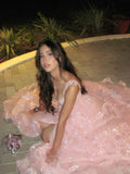 Elegant A Line Off the Shoulder Tiered Sequin Light Pink Tulle Prom Dress Evening Dress HZ1023