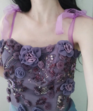 Vintage Purple A Line Strapless Flower Beaded Sequin Satin Tulle Prom Dress Gown HZ1023