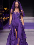 Unique A Line Spaghetti Strap Purple Lace Satin Prom Dress Evening Dress with Slit HZ1023