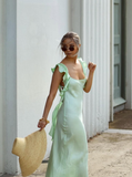 Gentle Sheath Straps Ruffle Green Satin Open Back Prom Dress Graduation Prom Dress HZ1023
