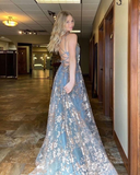 Sexy Spaghetti Straps V Neck Lace Slit Long Prom Dress Evening Dress HZ1023