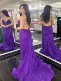 Purple V-Neck Backless Sequin Mermaid Prom Dresses HZ1023