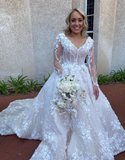 Elegant Ball Gown Long Sleeve V Neck Appliques White Tulle Wedding Dress with Sweep Train HZ1023