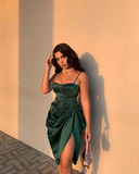 Spaghetti Straps Green Pleated Slit Prom Dress HZ1023