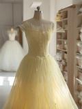 Stunning A Line Strapless Flower Light Yellow Tulle Long Prom Dress Evening Dress HZ1023