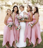 Elegant A Line One Shoulder Pleated Pink Satin Bridesmaid Dress Evening Dress HZ1023