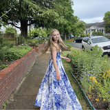 Blue Spaghetti Straps Print Long Prom Dress Party Dress HZ1023