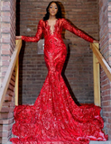 Sexy Mermaid V Neck Long Sleeve Red Sequin Long Sweep Prom Dress Evening Dress HZ1023