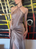 Simple A Line Halter Brown Satin Open Back Long Prom Dress Graduation Prom Dress with Slit HZ1023