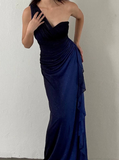 Elegant Sheath One Shoulder Navy Blue Ombre Chiffon Long Prom Dress Evening Dress HZ1023