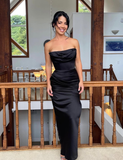 Charming Sheath Strapless Black Satin Long Prom Dress Evening Dress HZ1023