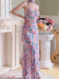 Purple Vintage Mermaid Spaghetti Strap Beaded Print Floral Chiffon Party Dress Prom Dress HZ1023