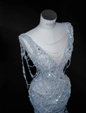 Blue Mermaid V Neck Rhinestone Tulle Long Prom Dress Party Dress HZ1023
