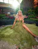 Fairy A Line Off the Shoulder Corset Appliques Green Tulle Prom Dress Evening Dress HZ1023