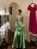 Vintage Mermaid V Neck Beaded Green Satin Long Prom Dress Party Dress HZ1023