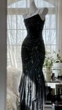 Gorgeous Mermaid Spaghetti Strap Beaded Black Chiffon Party Dress Evening Dress HZ1023