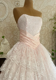Vintage A Line Strapless Layered Lace Light Pink Satin Long Prom Dress Evening Dress HZ1023