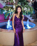 Purple Sheath Spaghetti Strap Appliques Satin Prom Dress Evening Dress with Slit HZ1023