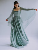 Muted Green A Line Long Sleeve Chiffon Prom Dress Party Dress HZ1023