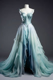 Blue Ombre A Line Spaghetti Strap Ruffle Chiffon Prom Dress Evening Dress with Slit HZ1023