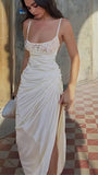 Simple Sheath Spaghetti Straps Pleated Lace Satin Open Back Prom Dress Party Dress HZ1023