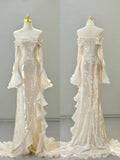 Elegant Sheath Long Sleeve Ivory Chiffon Ruffle Sequin Prom Dress Graduation Prom Dress HZ1023