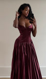 Elegant A Line Spaghetti Strap Burgundy Satin Long Prom Dress Evening Dress HZ1023