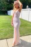 Sparkly Straps Mermaid Sequin Backless Prom Dress Evening Dress with Slit HZ1023