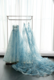 Gorgeous A Line Strapless Beaded Blue Tulle Long Party Dress Evening Dress HZ1023