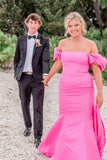 Elegant Mermaid Off-the-shoulder Hot Pink Satin Prom Dresses HZ1023