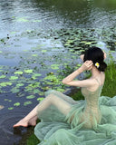 Gentle A Line Spaghetti Strap Green Tulle Long Party Dress Evening Dress HZ1023