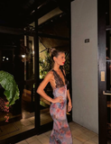 Sexy Print Floral V Neck Black Lace Chiffon Long Outfit Party Dress Vacation Dress Birthday Dress HZ1023