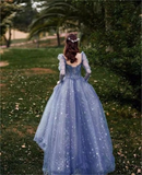 Elegant Blue Tulle Beaded Fairy Ball Gown Long Prom Dress Quinceanera Dress HZ1023