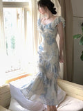 Gentle Mermaid Strap Print Flower Blue Chiffon Party Dress Evening Dress HZ1023
