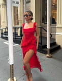 Red Chiffon Prom Dress Long Ruffle Party Dress Evening Dress HZ1023