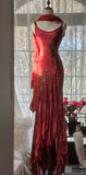Sexy Mermaid Spaghetti Straps Ruffle Beaded Red Chiffon Evening Dress Party Dress HZ1023