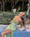 Charming A Line Spaghetti Straps Green Satin Long Prom Dress Evening Dress with Slit HZ1023