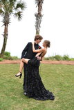Spaghetti Straps V Neck Black Sequin Evening Dress Slit Backless Prom Dress HZ1023