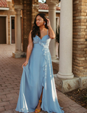 Gentle A Line Ruffle Blue Chiffon Evening Dress Bridesmaid Dress with Slit HZ1023
