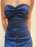 Vintage Mermaid Sweetheart Neck Beaded Navy Blue Satin Prom Dress Evening Dress HZ1023