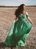 Elegant A Line Off the Shoulder Green Satin Long Prom Dress Evening Dress HZ1023