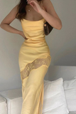 Sexy Satin Lace Splicing Long Evening Dress Yellow Prom Dress HZ1023