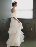 Elegant A Line Off the Shoulder Tiered White Tulle Long Prom Dress Evening Dress HZ1023